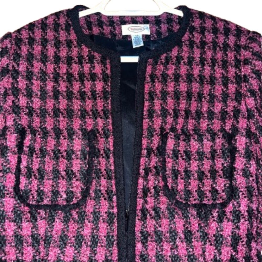 Talbots Women Black & Burgundy Tweed Full Zip w/ Fringe Trim Blazer Jacket Sz-10 - Picture 2 of 7